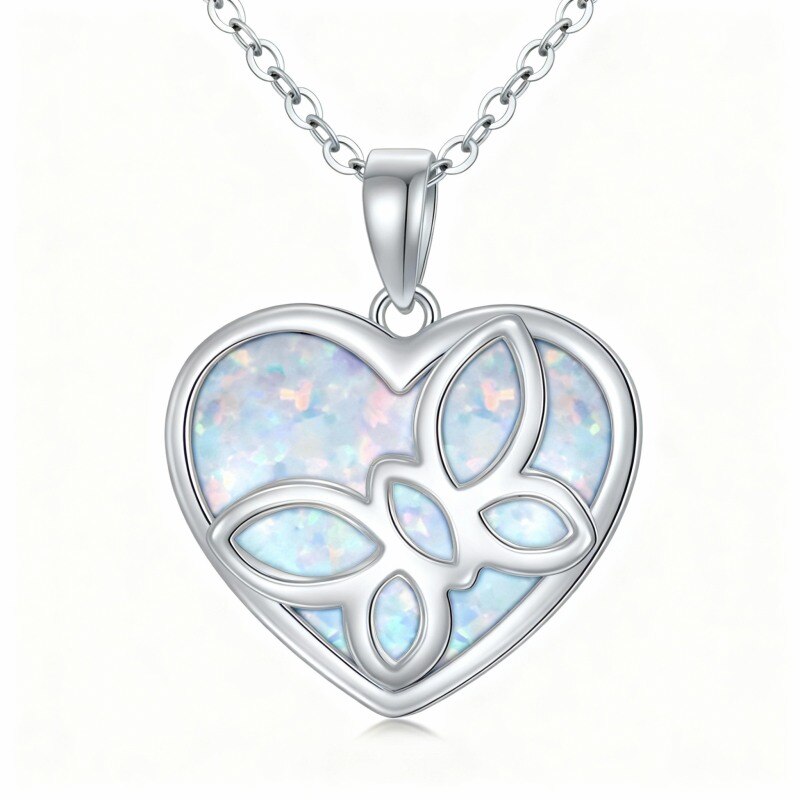 Halskette aus 14-karätigem Weißgold mit Opal-Schmetterling- und Herzanhänger-1