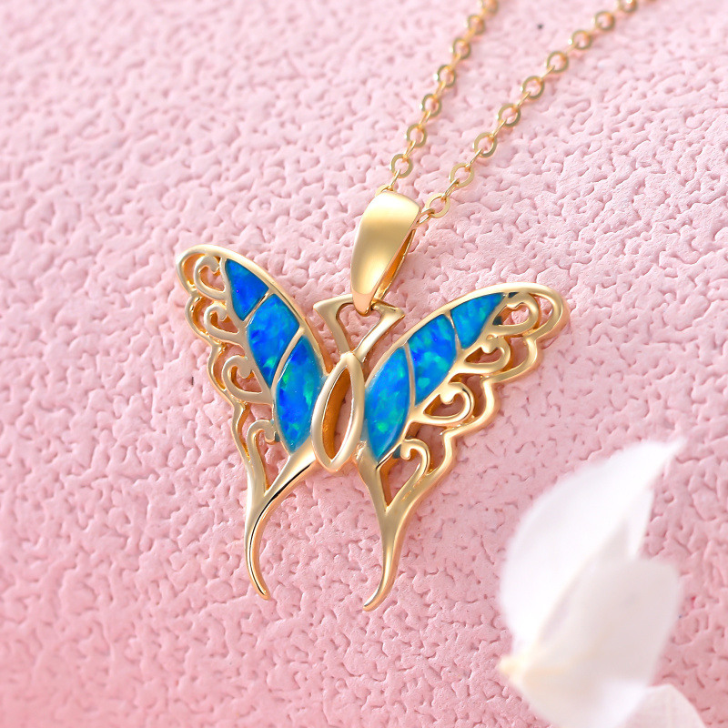 Collier pendentif papillon en or 10 carats et opale bleue, cadeau pour elle-3