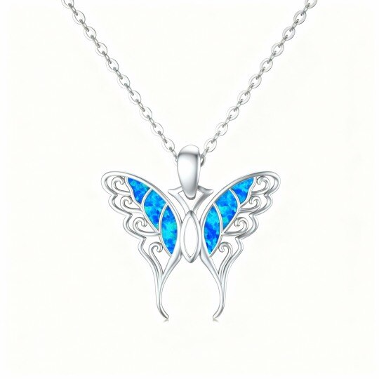 10K White Gold Opal Butterfly Pendant Necklace