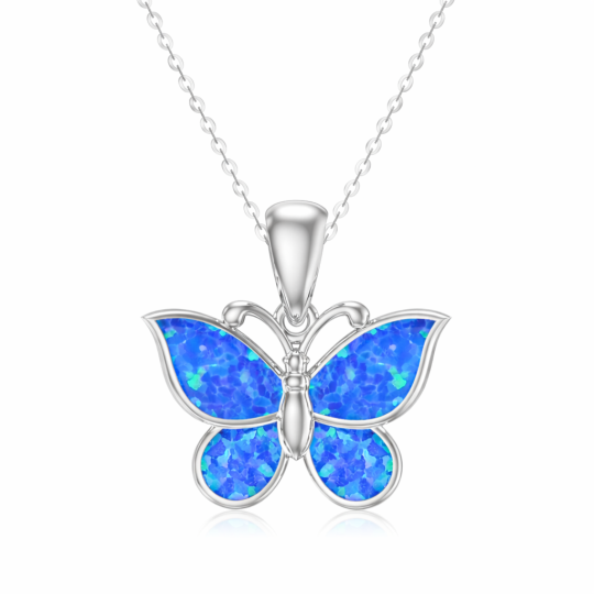 Collier pendentif papillon en or blanc 10 carats et opale