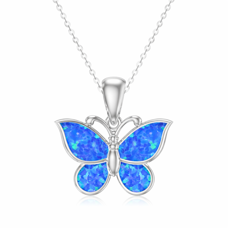 Collier pendentif papillon en platine plaqué or blanc et opale-1