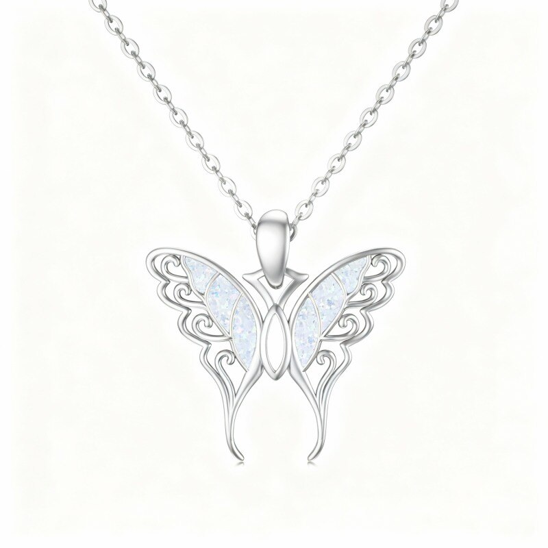 10K White Gold Opal Butterfly Pendant Necklace-17