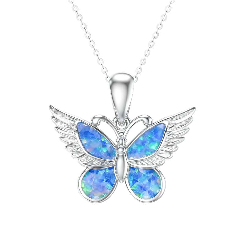 Halskette mit Opal-Schmetterlingsanhänger aus 14-karätigem Weißgold-1
