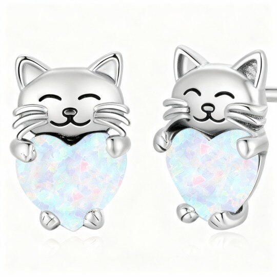 14K White Gold Opal Cat Stud Earrings