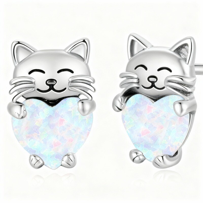 9K White Gold Opal Cat Stud Earrings-10