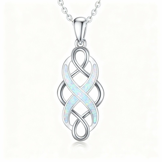 Halskette mit keltischem Knotenanhänger aus 10-karätigem Weißgold und Opal