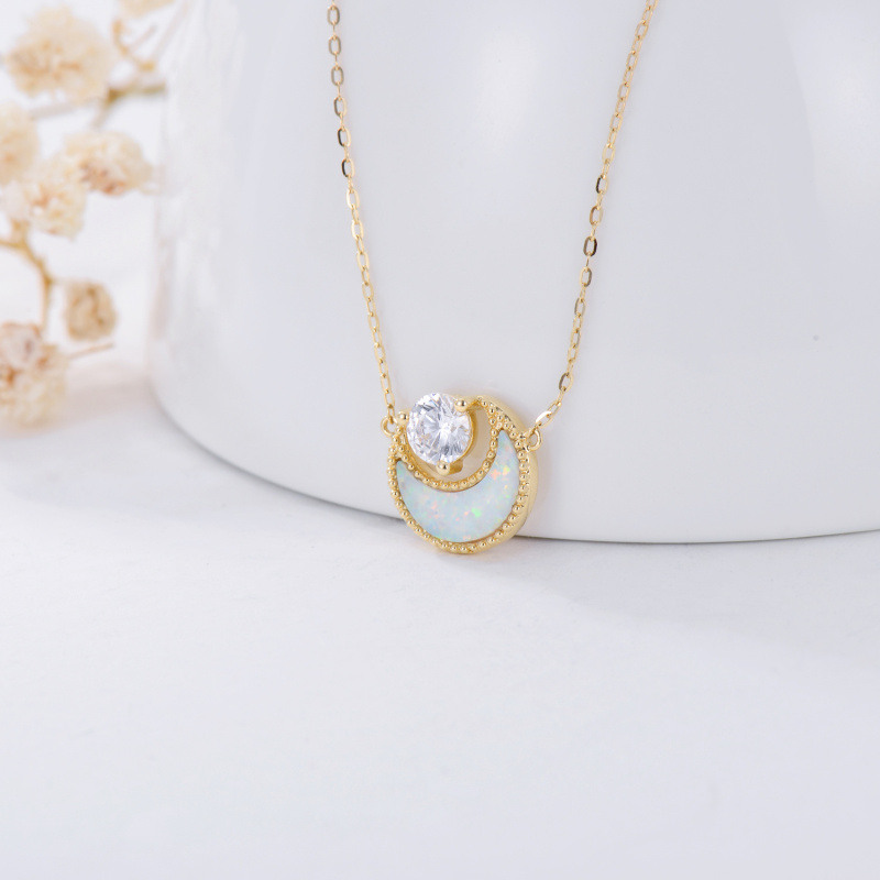10K Gold Opal & Cubic Zirconia Moon Pendant Necklace-4