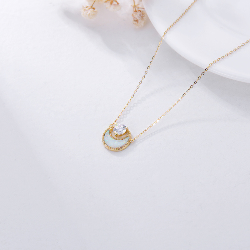 10K Gold Opal & Cubic Zirconia Moon Pendant Necklace-5