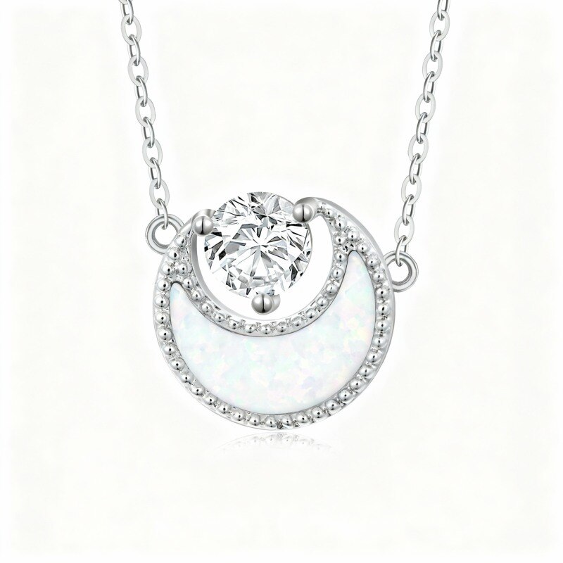 Platinum with White Gold Plated Opal & Cubic Zirconia Moon Pendant Necklace-1