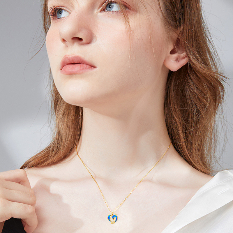 10K Gold Opal Dolphin & Heart Pendant Necklace-2