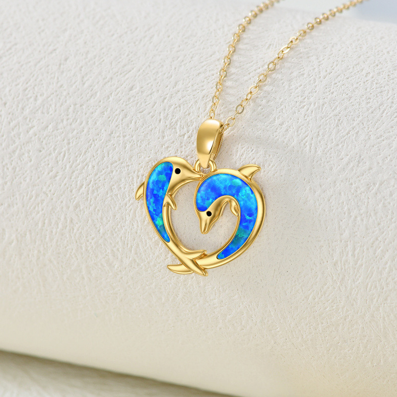 10K Gold Opal Dolphin & Heart Pendant Necklace-3