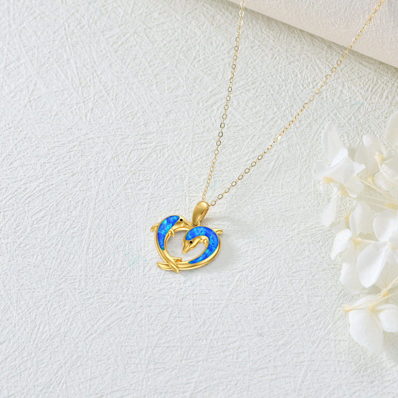 10K Gold Opal Dolphin & Heart Pendant Necklace-4