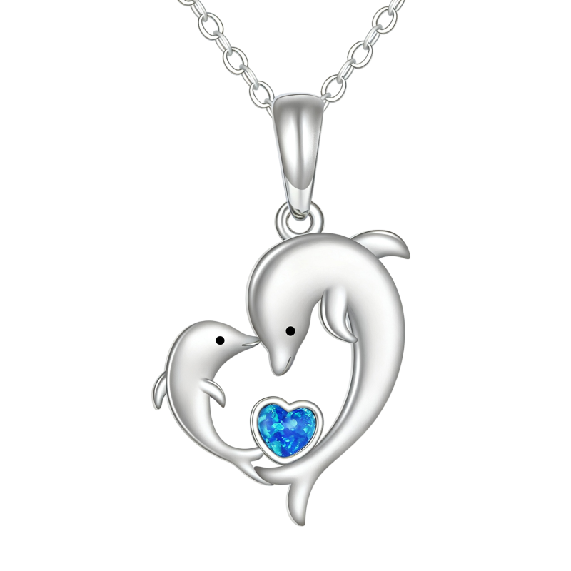 Halskette aus 10-karätigem Weißgold mit Opal-Delfin- und Herzanhänger-1