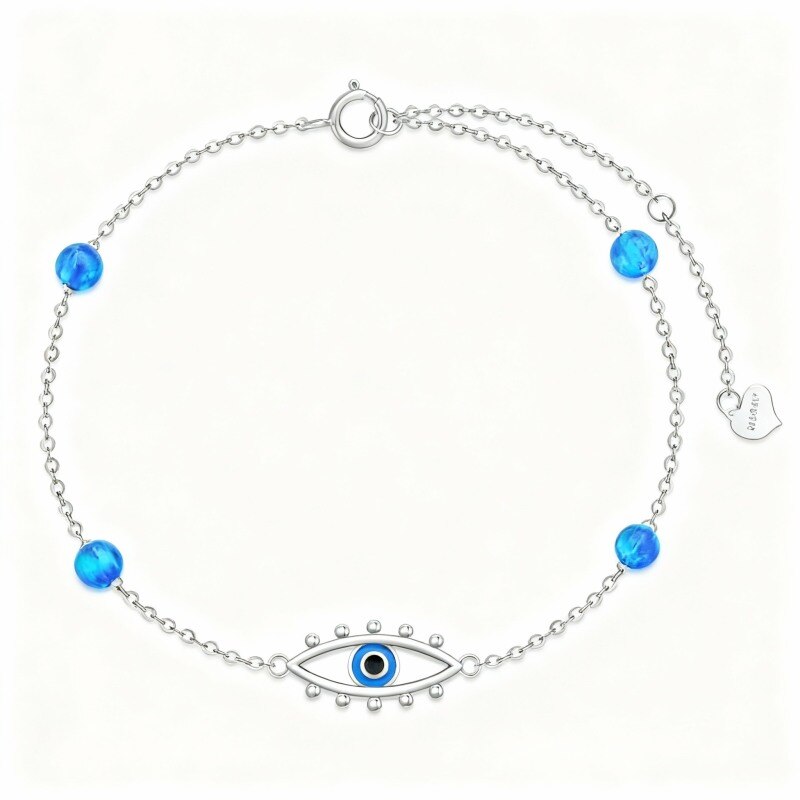 Pulsera con dije de ojo turco de ópalo en oro blanco de 14 quilates-1