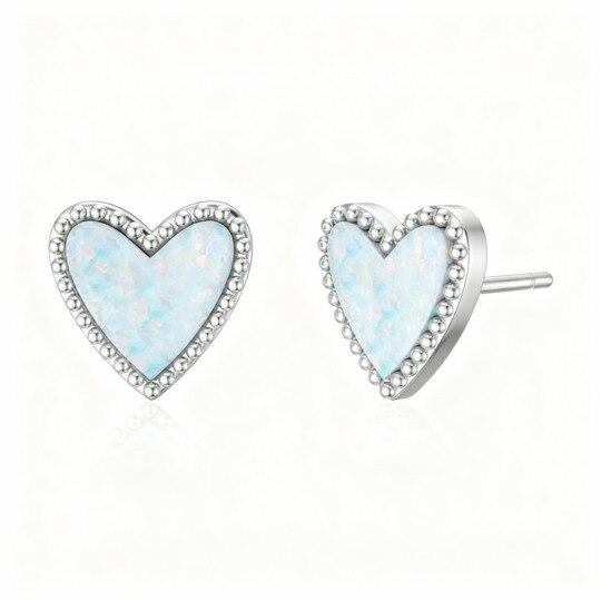 10K White Gold Opal Heart Stud Earrings