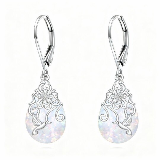 14K White Gold Opal Hummingbird Lever-back Earrings