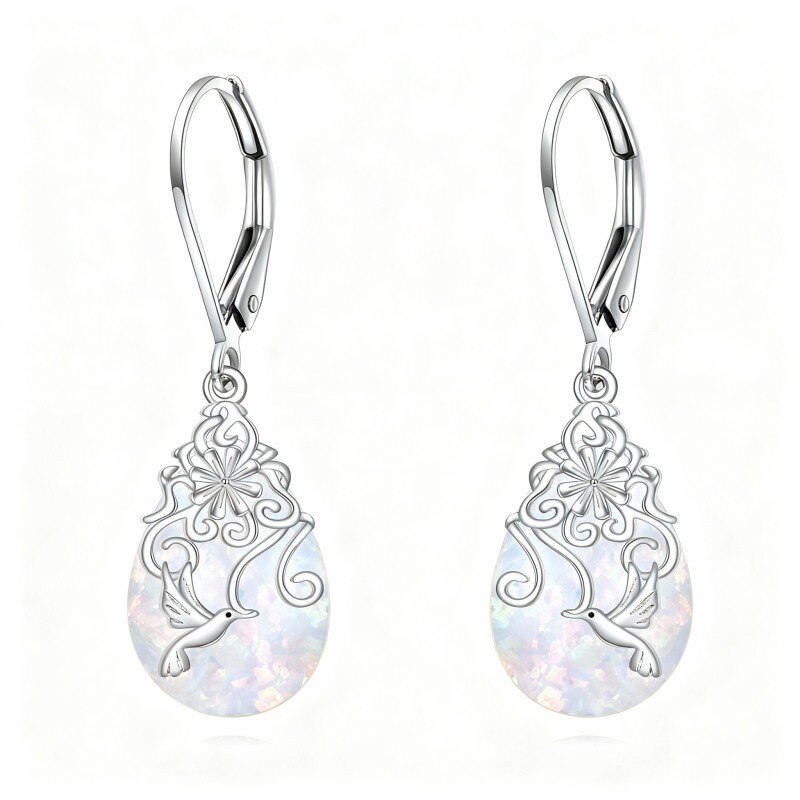 Boucles d'oreilles colibri en platine plaqué or blanc et opale, fermoir à levier-1