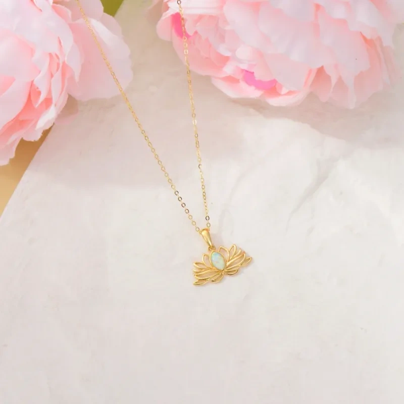Lotus-Anhänger-Halskette aus 14-karätigem Gold mit Opal-4
