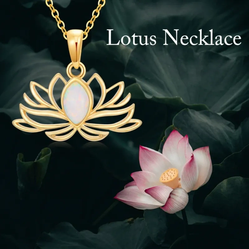 Lotus-Anhänger-Halskette aus 14-karätigem Gold mit Opal-5