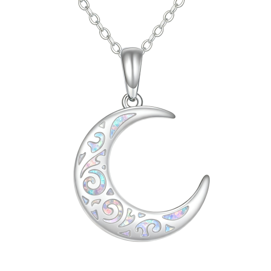 10K White Gold Opal Moon Pendant Necklace