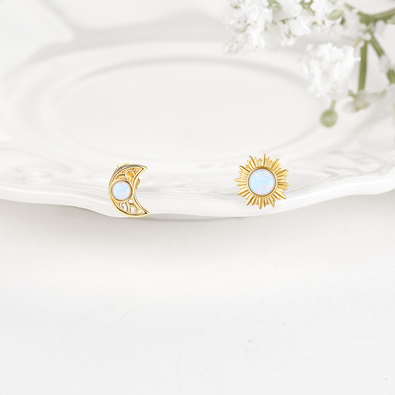 Pendientes de oro blanco de 18 quilates con forma de luna y sol y ópalo-3
