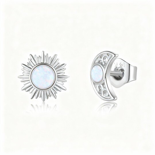 10K White Gold Opal Moon & Sun Stud Earrings