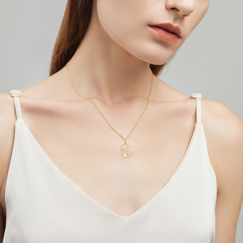 Collar con colgante de oro blanco de 10 quilates con ópalo, madre e hija y corazón-2