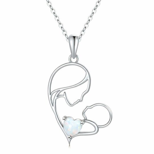 Collier pendentif en or blanc 10 carats avec opale, motif mère et fille et cœur