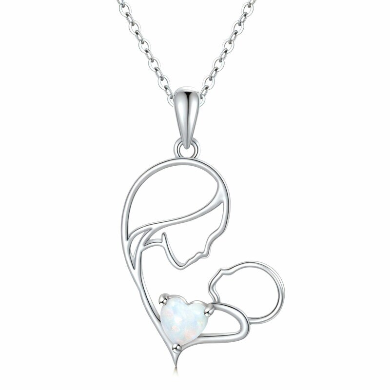 Collar con colgante de oro blanco de 10 quilates con ópalo, madre e hija y corazón-1