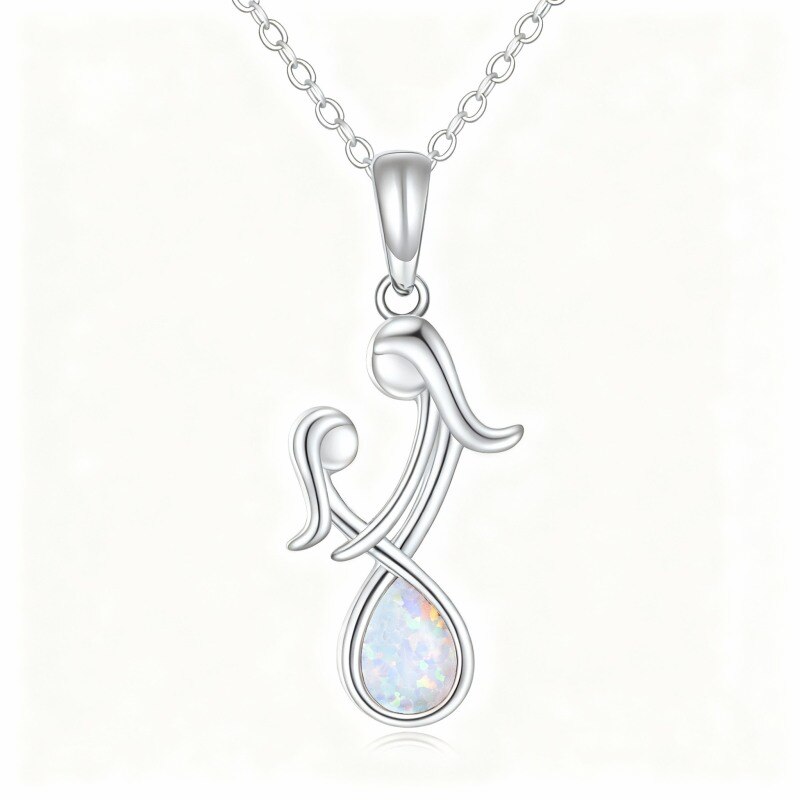 Collier pendentif mère et fille en platine plaqué or blanc et opale-1