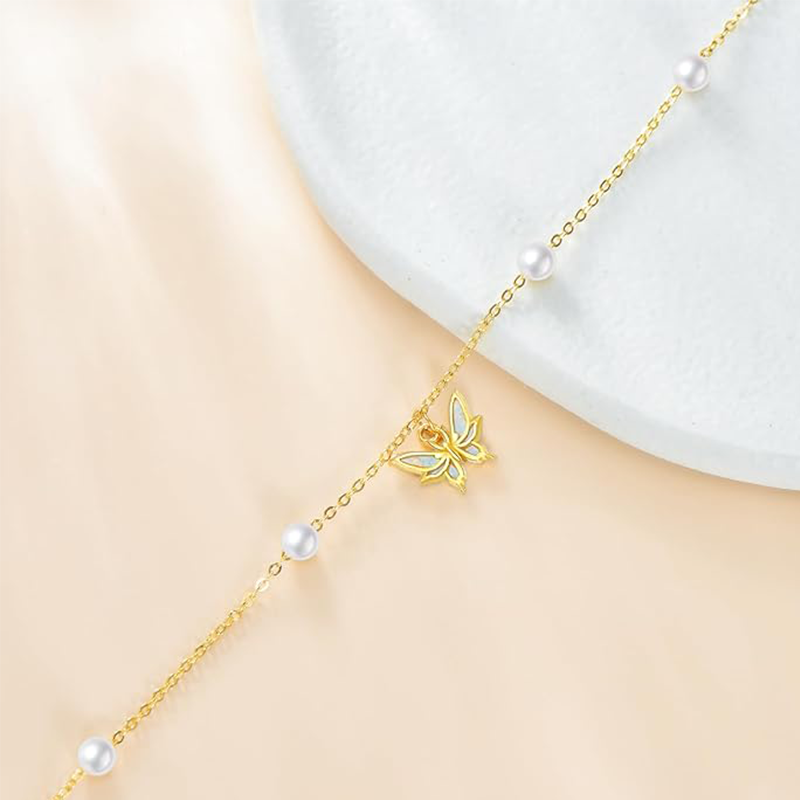 18K Gold Opal & Pearl Butterfly Single Layer Anklet-3
