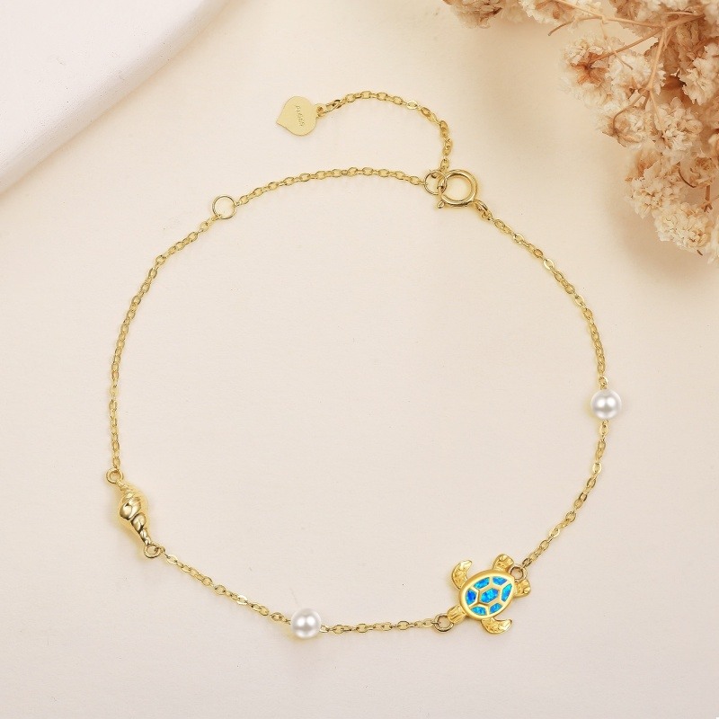 10K White Gold Opal & Pearl Tortoise Charm Bracelet-3