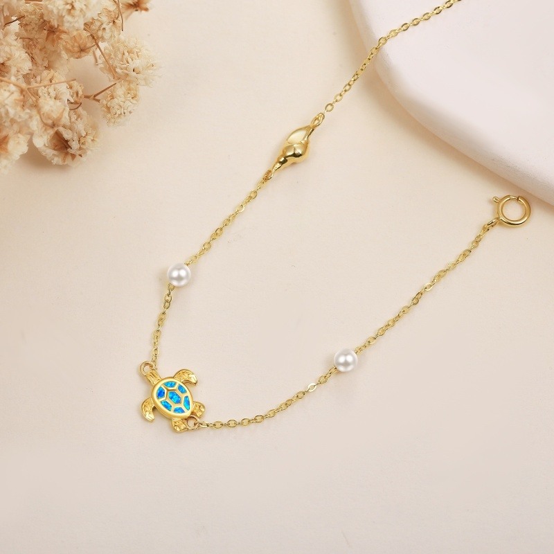 10K White Gold Opal & Pearl Tortoise Charm Bracelet-4