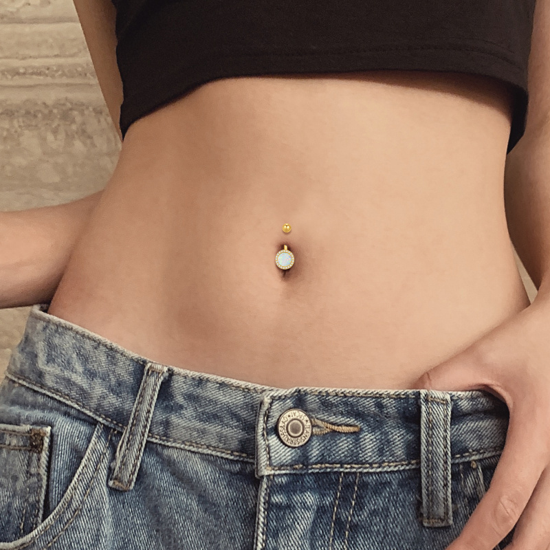 10K White Gold Opal Round Belly Button Ring-2
