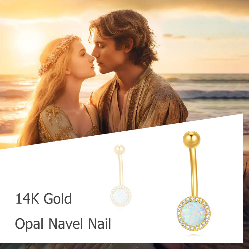 10K White Gold Opal Round Belly Button Ring-6