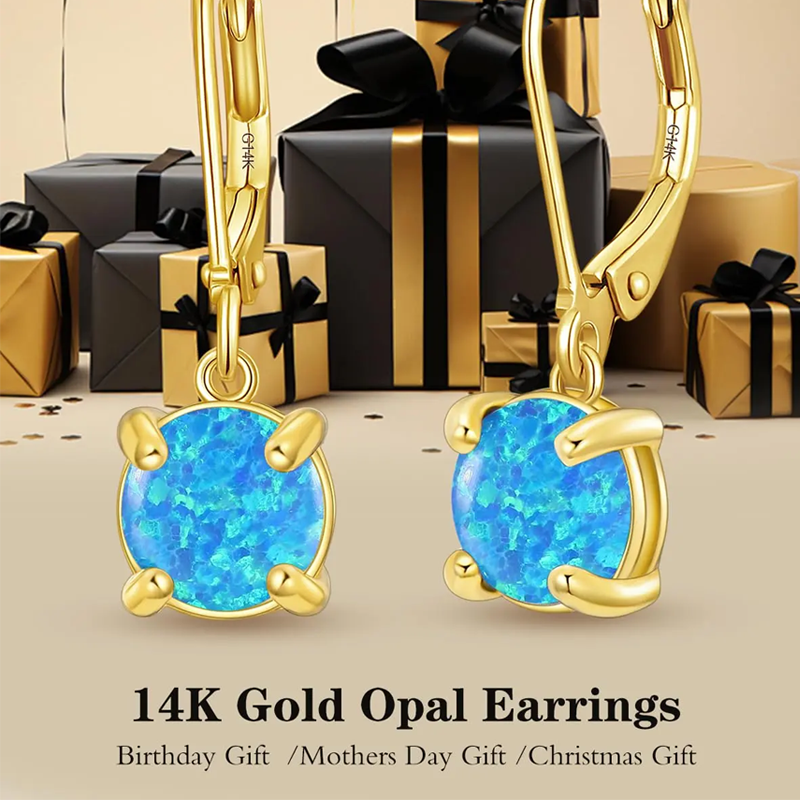 14K Gold Opal Round Lever-back Earrings for Women-2