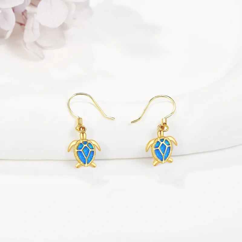 10K White Gold Opal Sea Turtle Drop Earrings-2