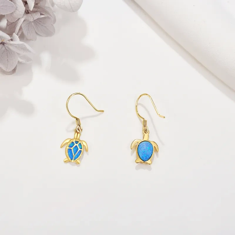 10K White Gold Opal Sea Turtle Drop Earrings-3