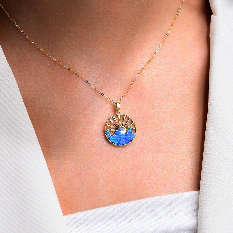 10K Gold Opal Spray & Sun Pendant Necklace-2