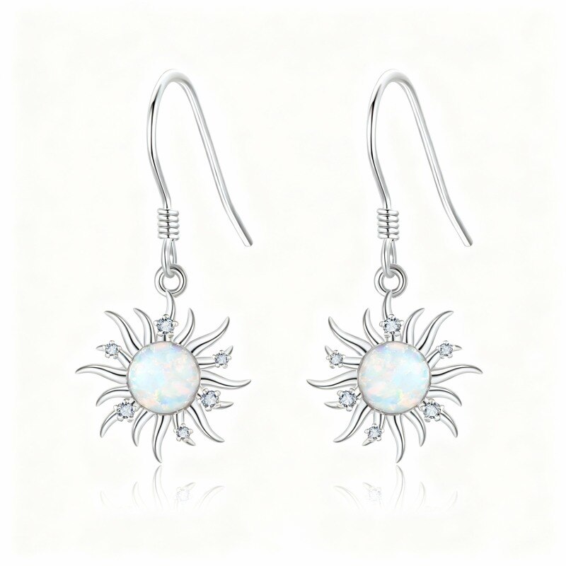 Boucles d'oreilles pendantes soleil en or blanc 10 carats et opale-18