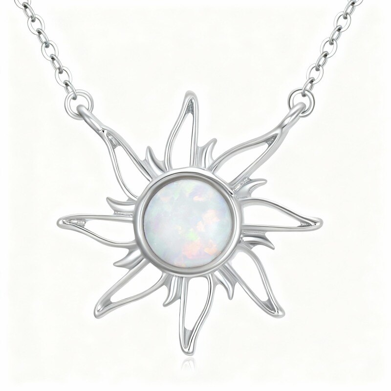 14K White Gold Opal Sun Pendant Necklace-1