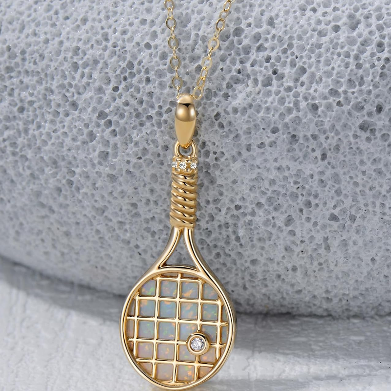 Tennisschläger-Halskette aus 14-karätigem Gold mit Opal für Damen-4