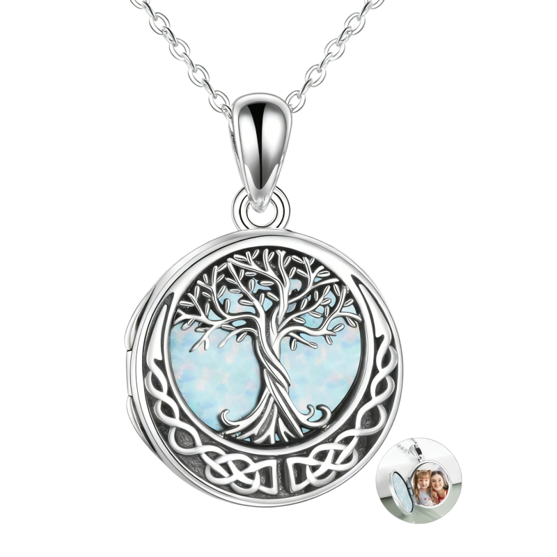 Collier médaillon photo personnalisé en platine plaqué or blanc et opale, orné d'un arbre de vie et d'un nœud celtique.-18