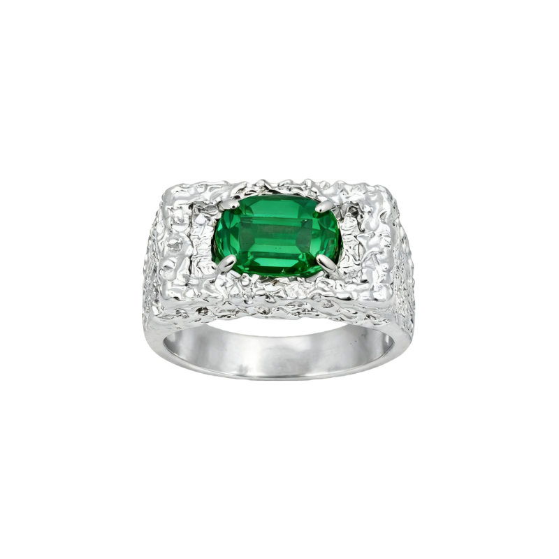 Anillo de oro blanco de 10 quilates con esmeralda artificial de talla ovalada para hombre.-2