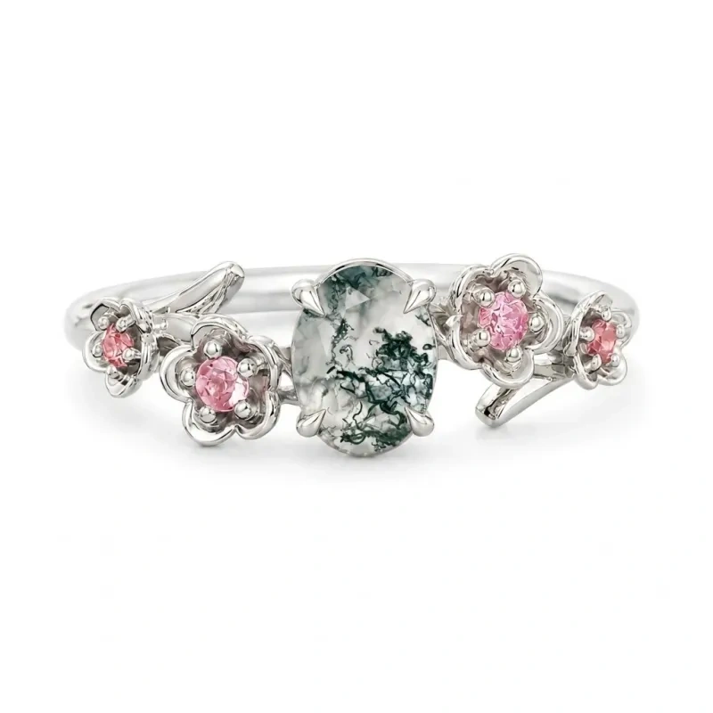 Bague de fiançailles en or blanc 14 carats avec cristal d'agate mousse ovale, motif floral inspiré de la nature-1
