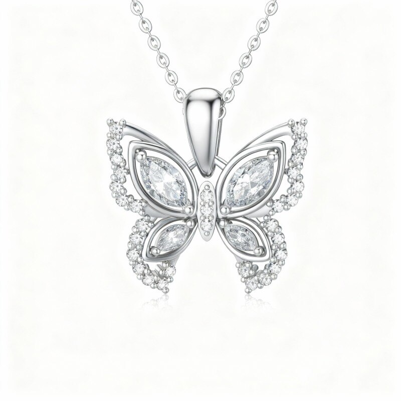 Collar con colgante de mariposa de circonita cúbica de corte ovalado en oro blanco de 10 quilates-20