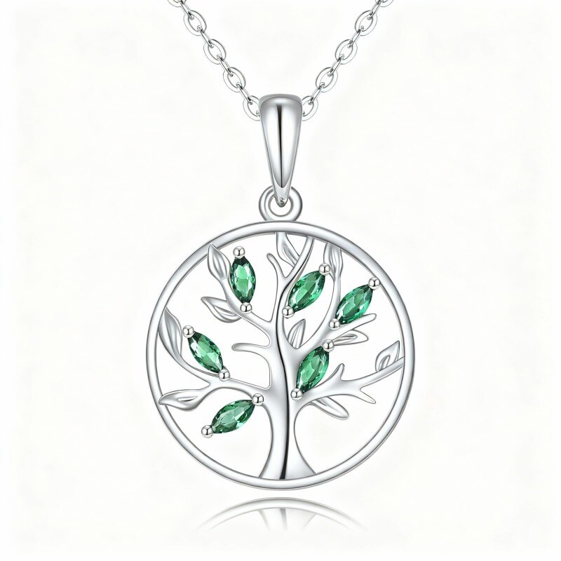 Collier pendentif Arbre de Vie en or blanc 10 carats et zircon cubique ovale-20