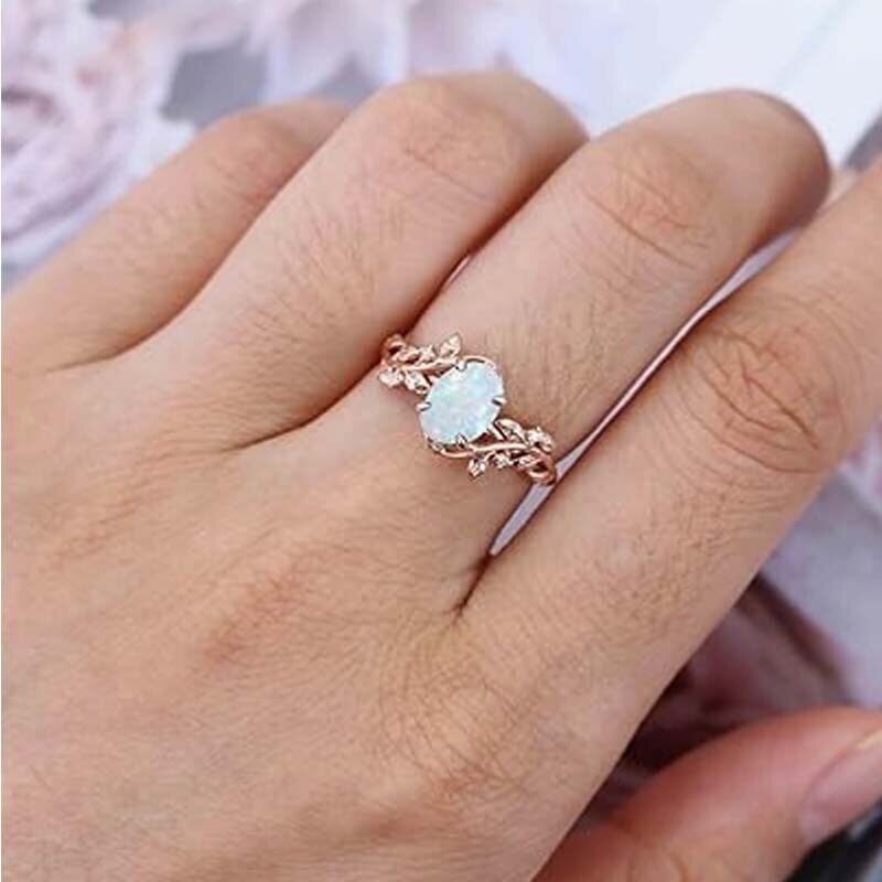 Bague de fiançailles ovale en or 14 carats, motif lierre, inspirée de la nature, pierre de naissance, feuille et vigne, style Art déco, bague de promesse d'anniversaire-3