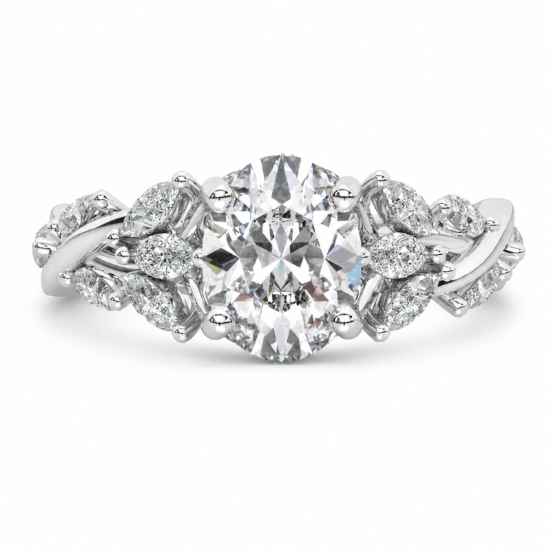 Anillo de compromiso personalizado de platino con baño de oro blanco y diamante ovalado cultivado en laboratorio, de inspiración natural.-1