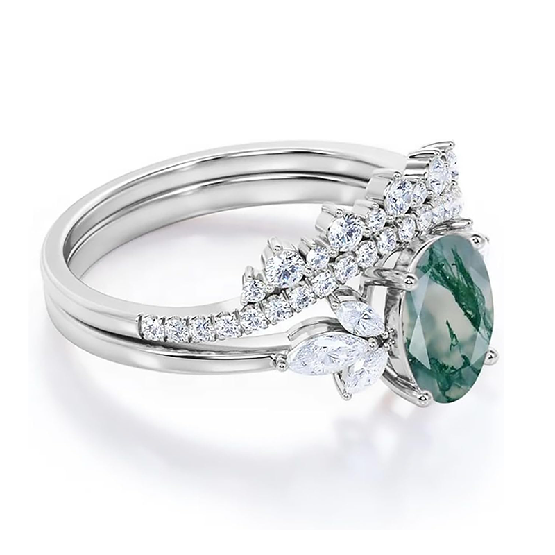 Bague ovale en or blanc 14 carats avec agate mousse et moissanite-3